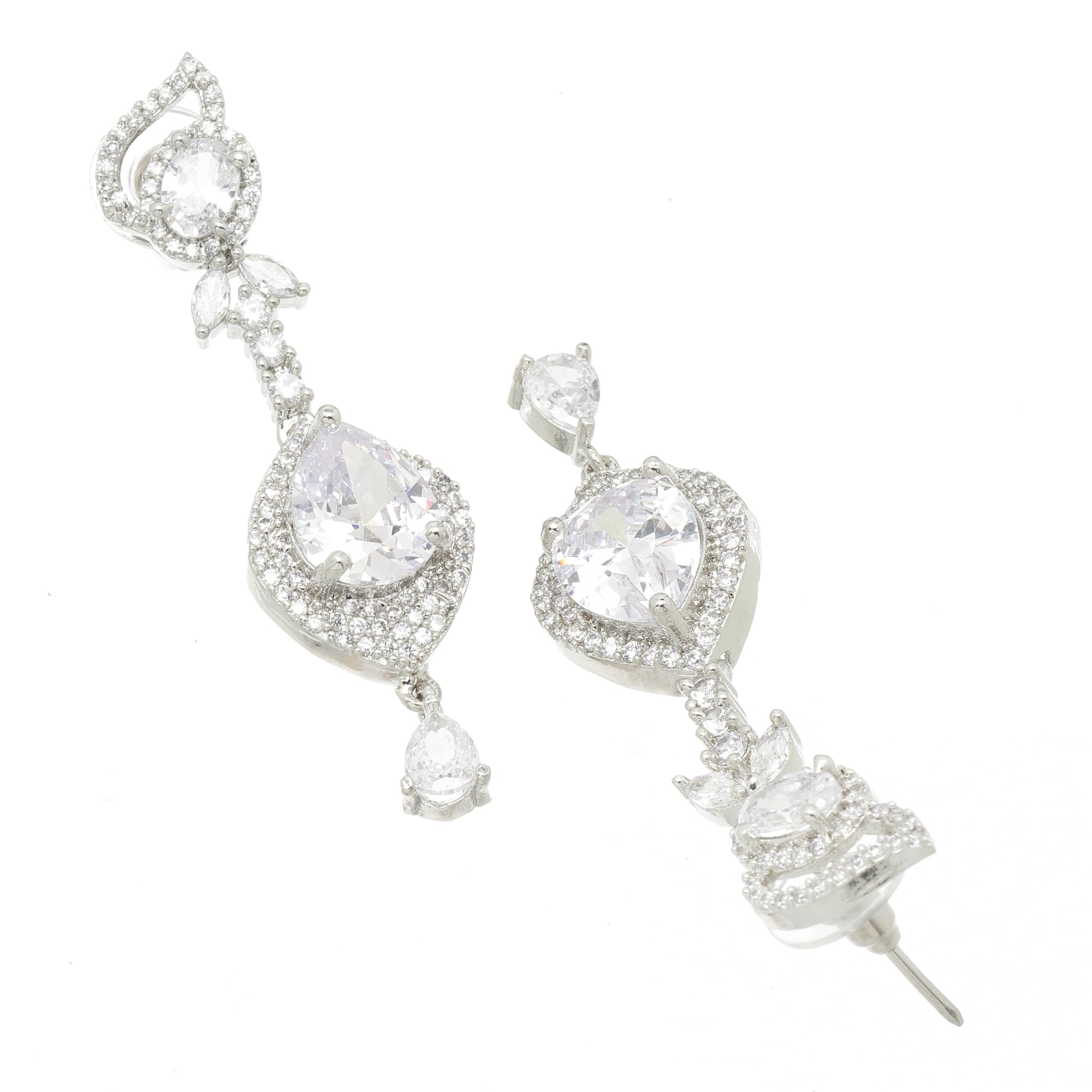 Rhodium-Plated American Diamond Teardrop Drop Earrings